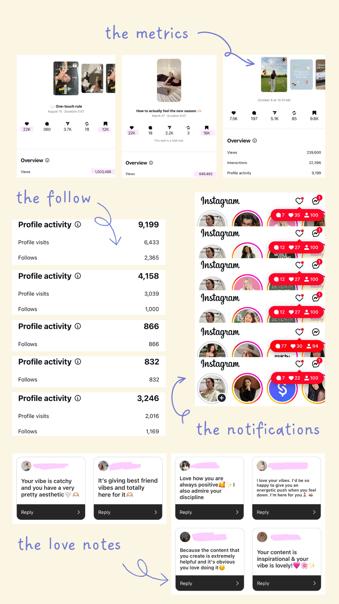 Rosalie's real results - metrics, followers, notifications